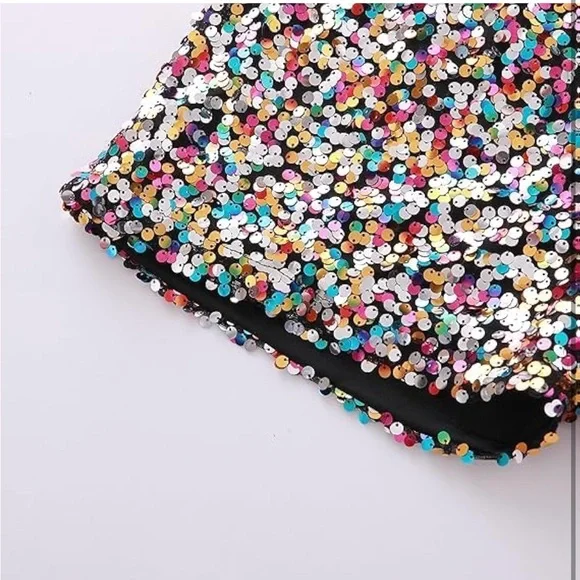 NWOT Sparkling Multicolor Sequin High Waist Shorts - Picture 3 of 7